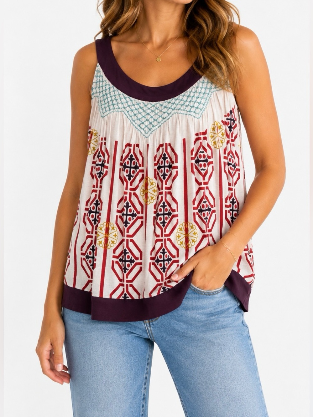 Anthropologie Eggplant, Teal and Red Geometric Print Blouse - Size S